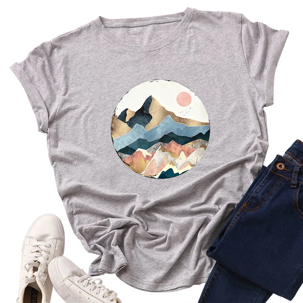 Plus Size Women's Tops T Shirt Creative Golden Mountain Peak Women T-shirt Graphic Funny Print Cotton Tshirt Summer Top Tees