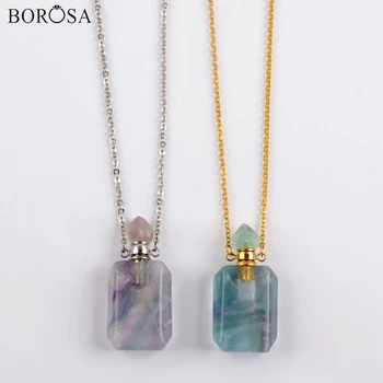 

Natural Stone Perfume Bottle Pendant Necklace for Women Gold Silver Plated Fluorite Essential Oil Diffuser Necklace Charm WX1619