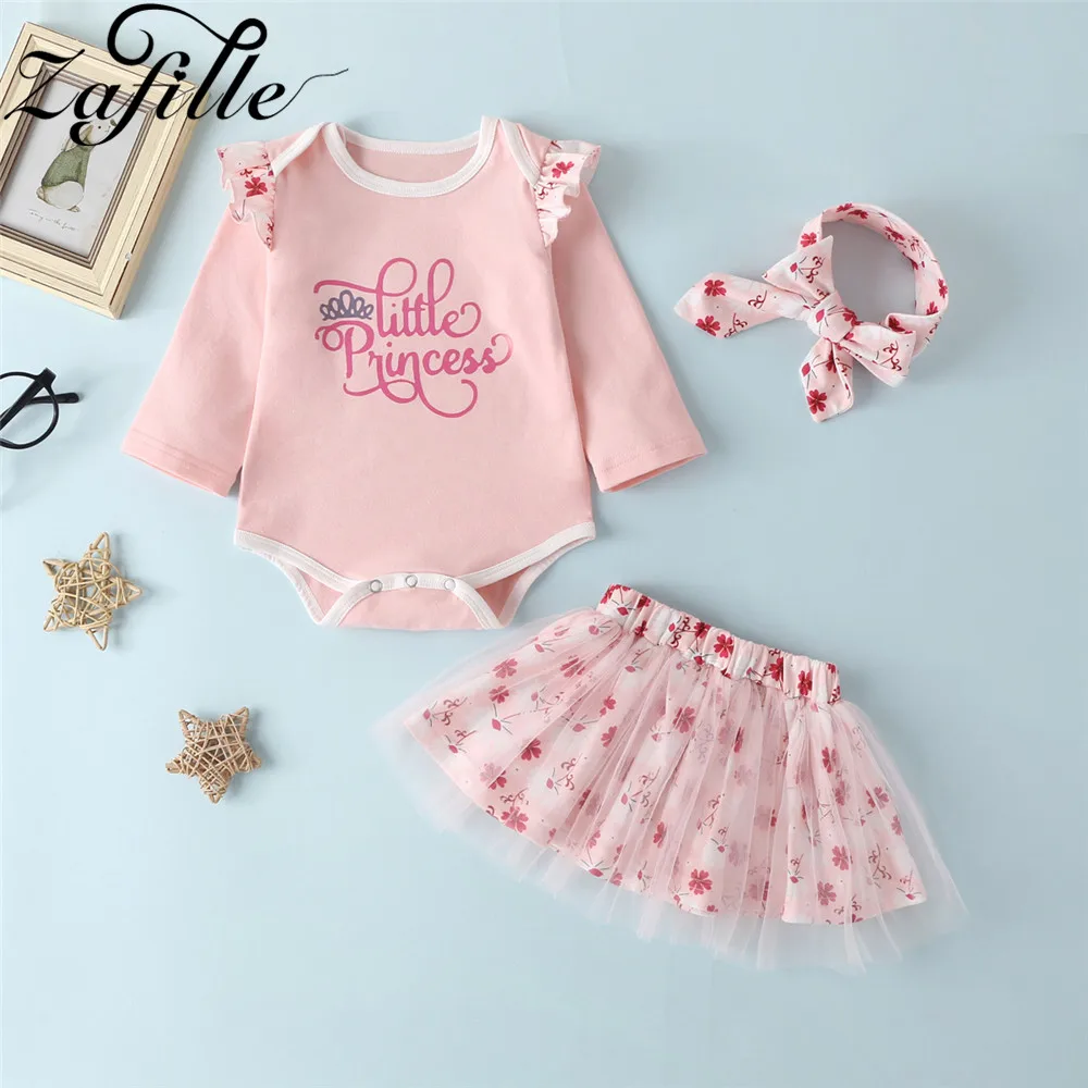 

ZAFILLE Baby Girl Clothes Set 3Pcs Letter Romper+Floral Mesh Skirt+Headband Toddler Outfits For Newborn Kids Clothes Girls Suits