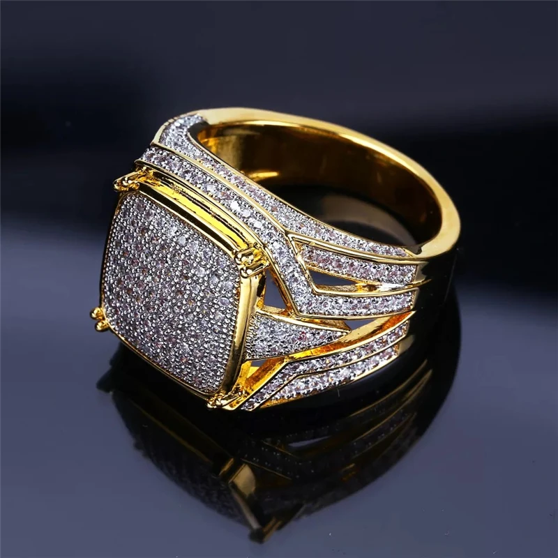 Классический золотой цвет стразы Iced Out Bling квадратное кольцо хип хоп рок кольца