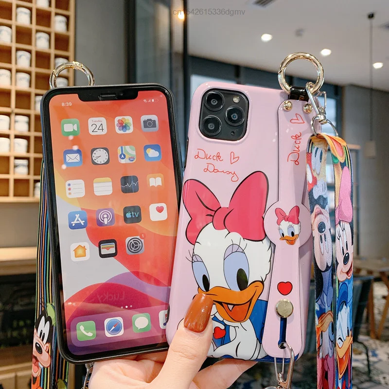 Disney Cartoon Mickey Minnie Mouse Daisy Donald Duck Wrist Strap Lanyard Phone Case For IPhone 12 Pro Max 11 7 8 Plus X XR SE XS