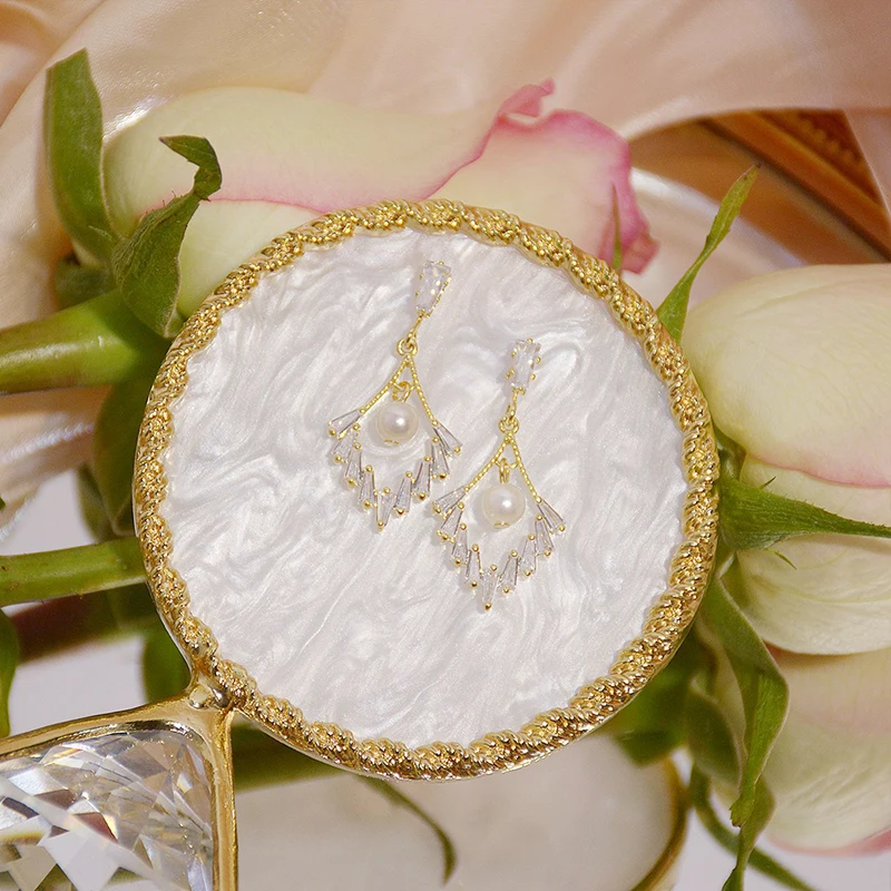 14k Real Gold Luxury Crystal Zircon Tassel Earring for Women Feminia Temperament Pearl Stud Eearring Elegant Engagement Jewelry