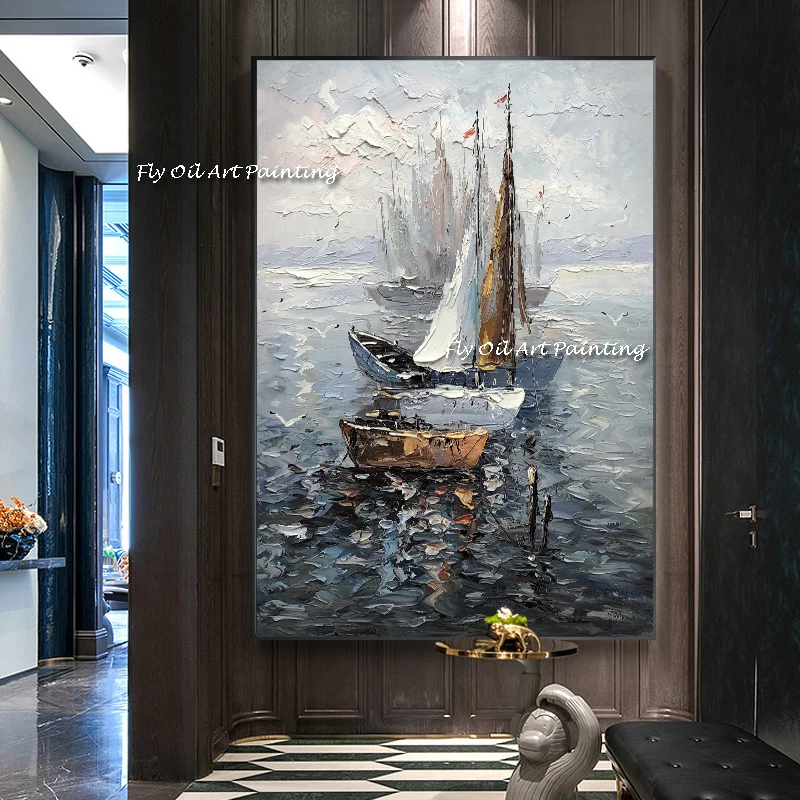 

100% Hand Painted Abstract Sailboat on Ocean Oil Painting Art Artwork Canvas Wall Art For Living Room Decoration
