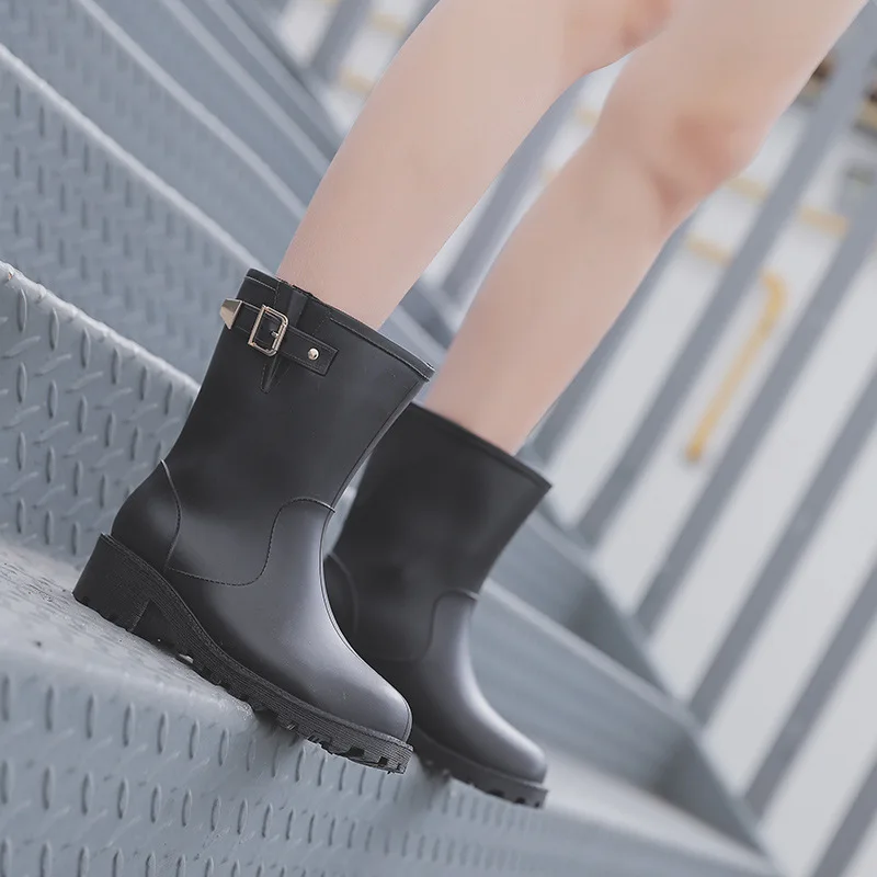 

F9 Special New Style Semi-high Heeled Spring And Autumn Rain Boots Women's Korean-style Fashion Rain Shoes Rubber Shoes Square B