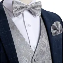 Men's Silver Paisley Fashion Wedding Men Silk Waistcoat Vest Bowties Hanky Cufflinks Cravat Set for Suit Tuxedo DiBanGu MJ-110