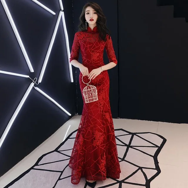 Китайский стоячий воротник для женщин Qipao красный Свадебный Русалка платье тонкий элегантный Cheongsam винтаж кнопка плюс размер Макси платье