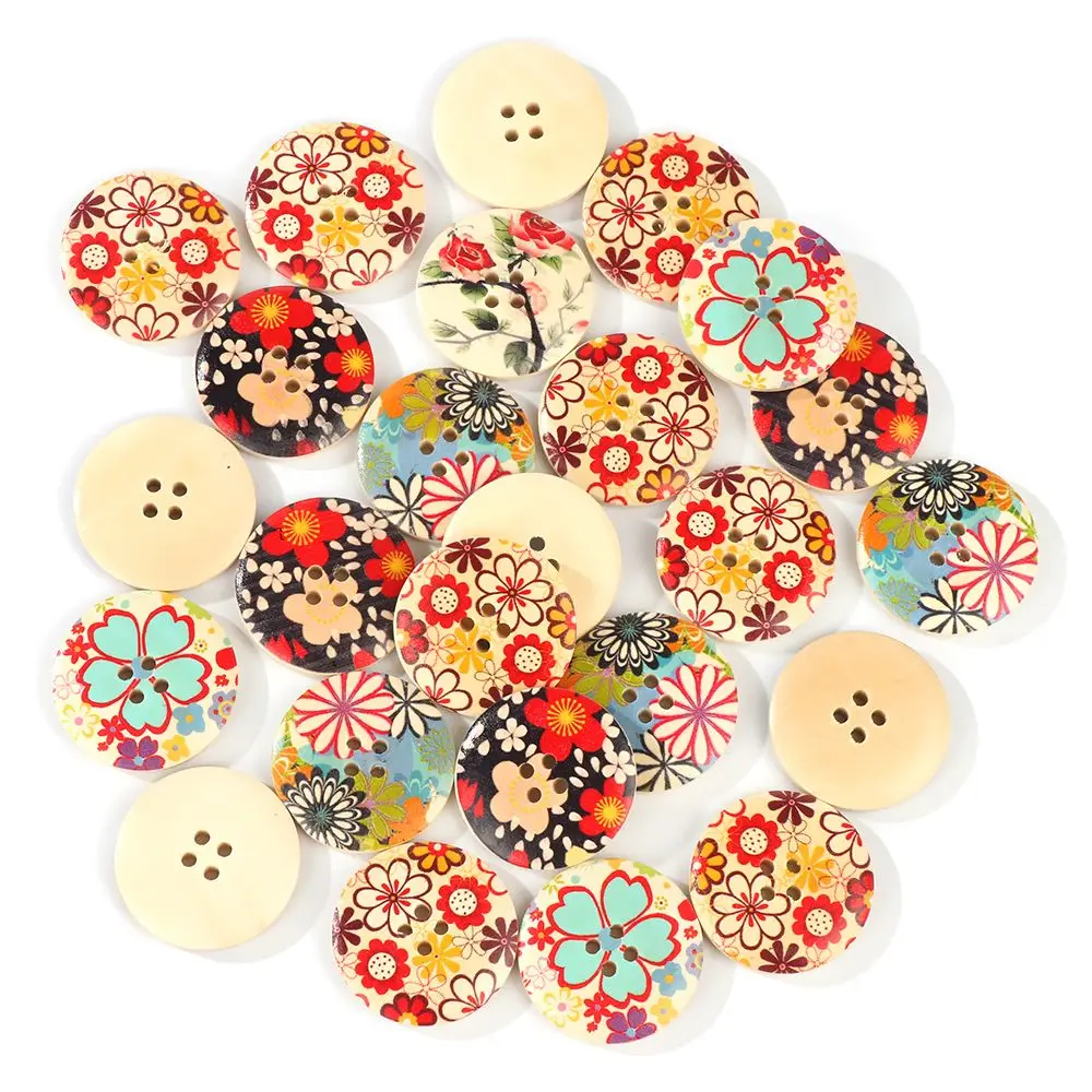 25 Pcs 30mm Retro Round Wood Flower Mixed Four Holes Buttons Handmade