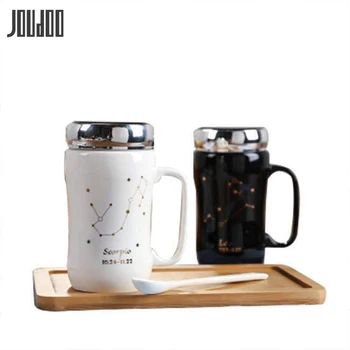 

JOUDOO Creative Ceramic Twelve Constellation Mug Brief Coffee Drinkware Cup Office Coffee Tea Ceramic Bottle Mugs With Spoon Lid