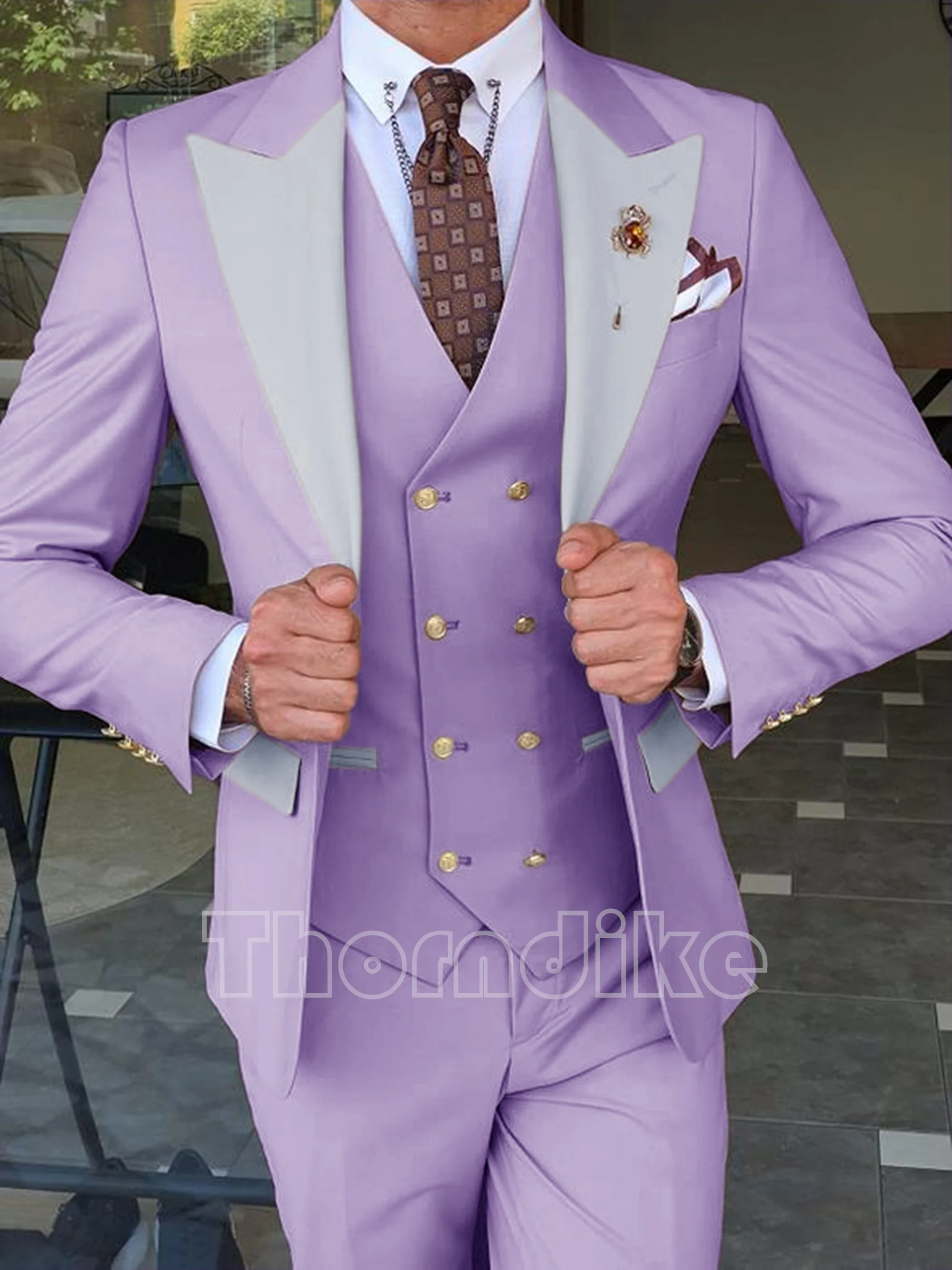 Thorndike Latest Design Silver Peak Lapel Men Suit Pink Custome Homme Fashion Blazer Slim Fit 3 Pieces (Jacket+Vest+Pants)