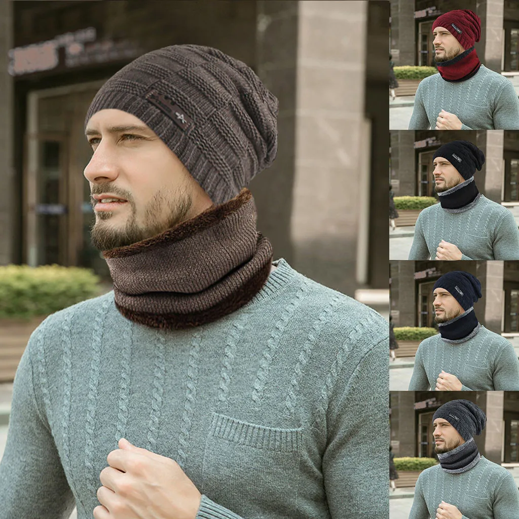 Winter Men's Knitted Hats Scarf Sets Outdoor Warm Beanies Maple Leaf