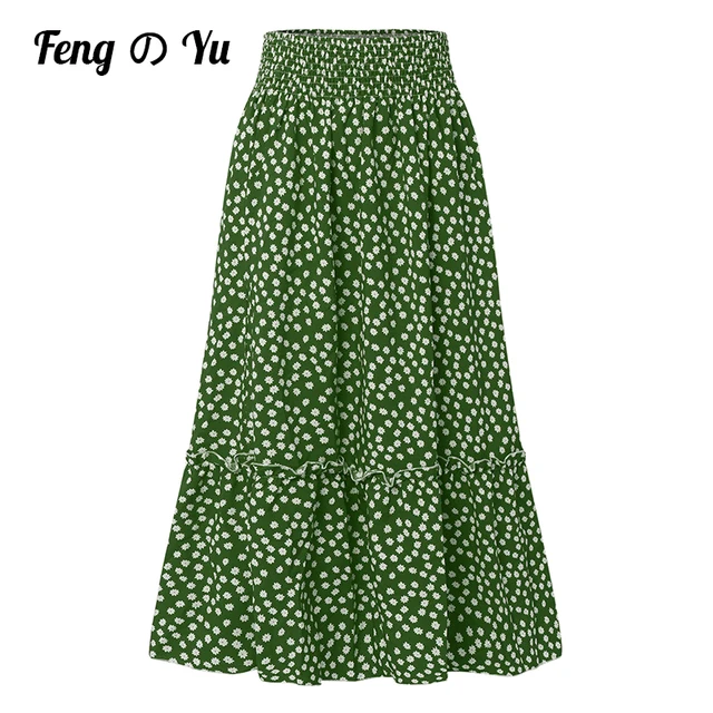 Fashion Bohemian Long Skirt Women's Elegant Holiday Summer Casual High Elastic Waist Skirt Floral Print Sea Blue Retro Skirt Green