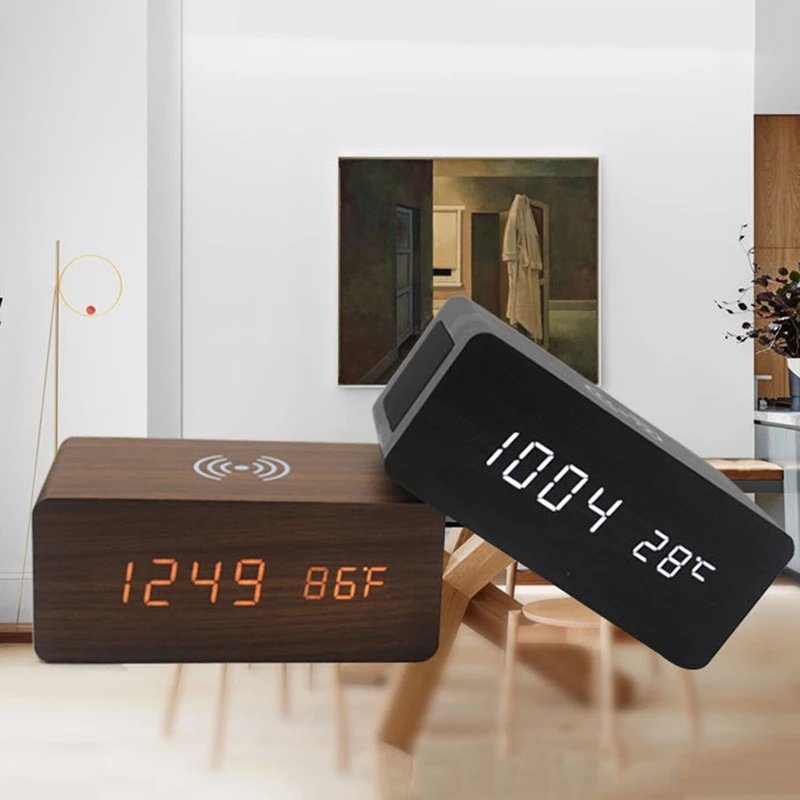 Промо-акция! Деревянный Будильник с Bluetooth динамиком, голосовое управление, светодиодный, цифровые часы, Беспроводная зарядка телефона, температура древесины Ta