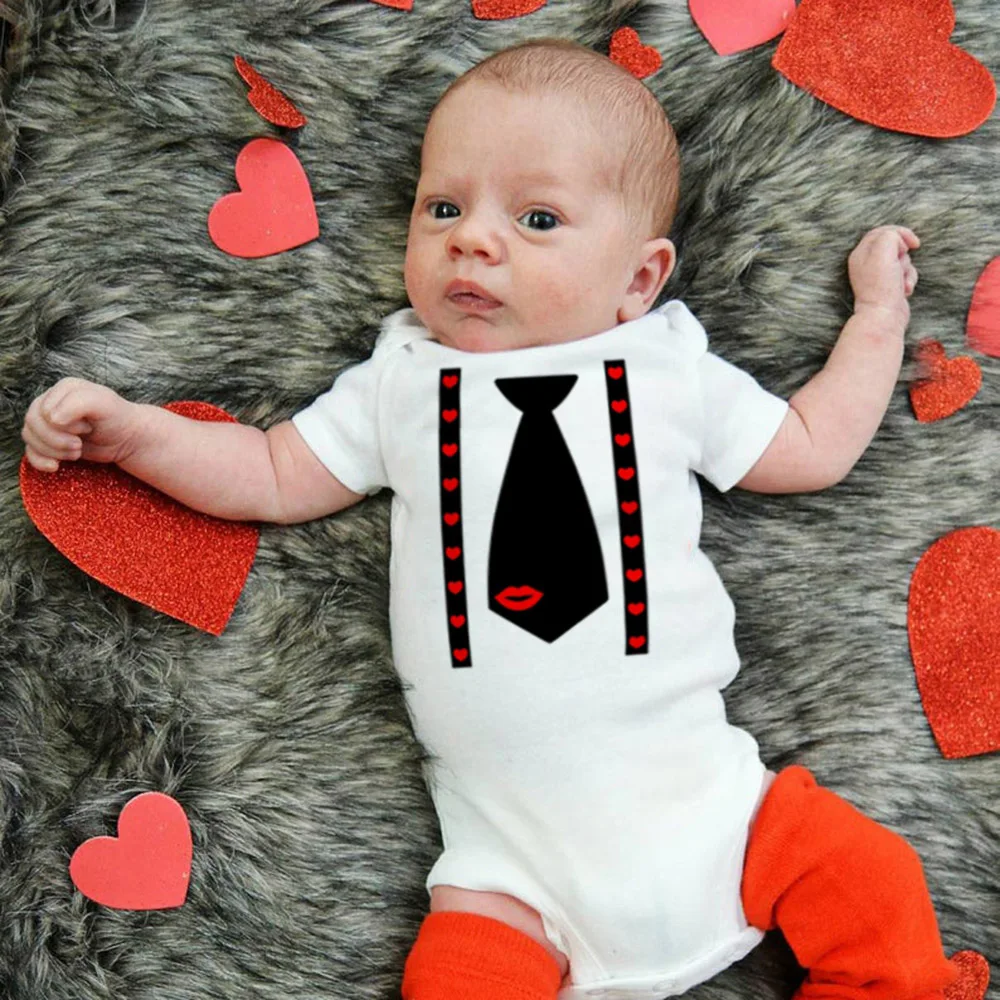 Valentine Kiss Heart Bow Tie Newborn Baby Boy Jumpsuit Funny Infant