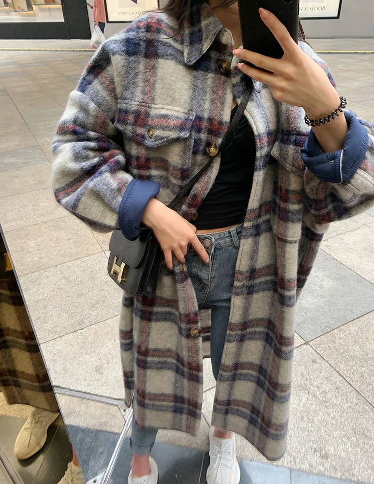 Women Elegant Woolen Coat Plaid Print Wool Turn Down Collar OG0696