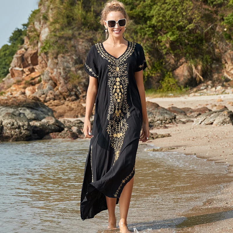 Tunic Women Beachwear Long-Dress Embroidery Batwing-Sleeve Oversize Black Plus-Size Summer