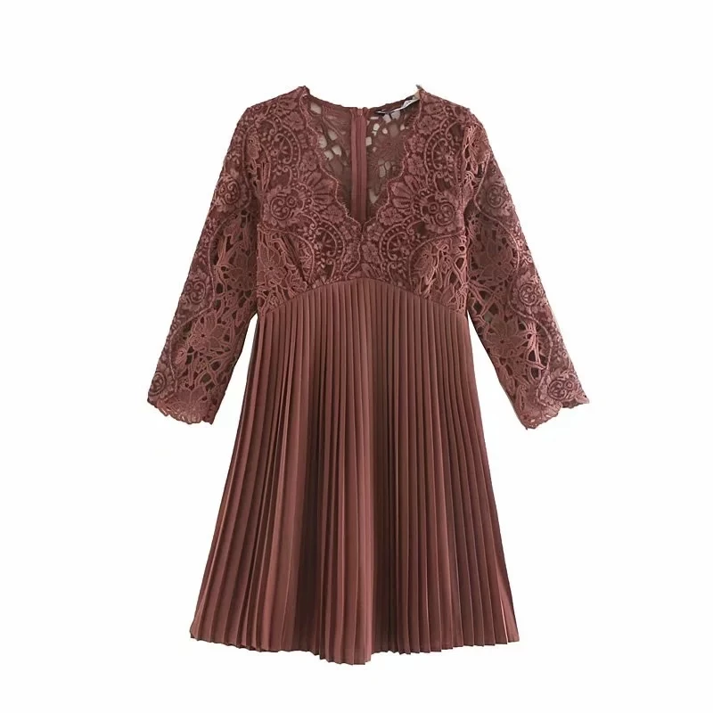 Withered autumn party dress women vestidos england style Lace stitching v-neck pleated vestidos de fiesta de noche mini dress
