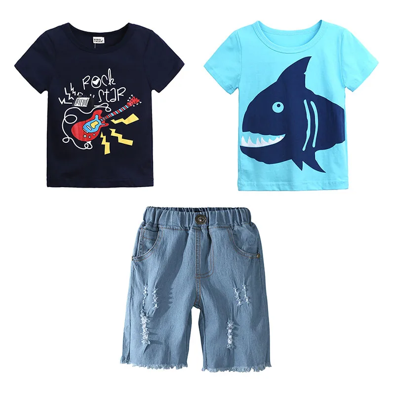 

Elvesnest Children Boy Clothes Cartoon Print Toddler Boy Clothes 2 PCS Cotton Short Tops+Short Jeans Summer Kids Clothing