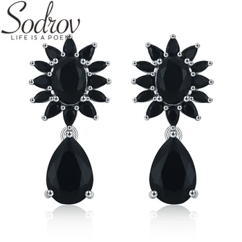 

SODROV Pure 925 Sterling Silver Jewelry Black Spinel Flower Wedding Drop Earrings for Women Fine Silver 925 Jewelry I066