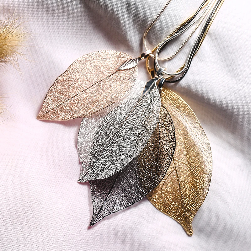 3pcs Special Leaves Leaf Sweater Pendant Necklace Ladies Long Chain Jewelry 