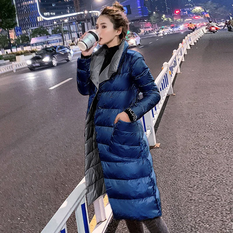 FTLZZ Женская двухсторонняя длинная куртка на 90% белом утином пуху двубортная