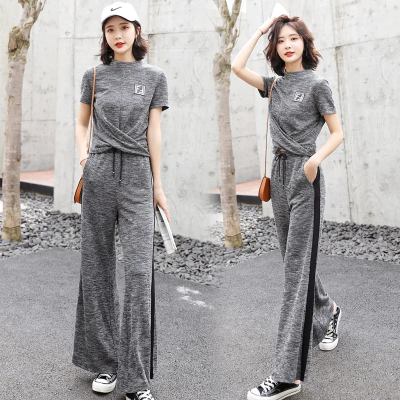 

Loose Pants Sports WOMEN'S Suit Summer 2019 New Style Korean-style Fashion Casual Short-sleeved round Collar T-shirt Two-Piece S