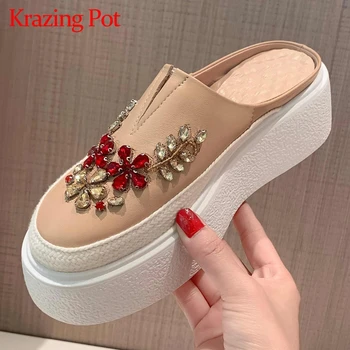 

Krazing pot 2020 natural leather leisure shoes round toe thick bottom rhinestone young lady slip on women vulcanized shoes L36
