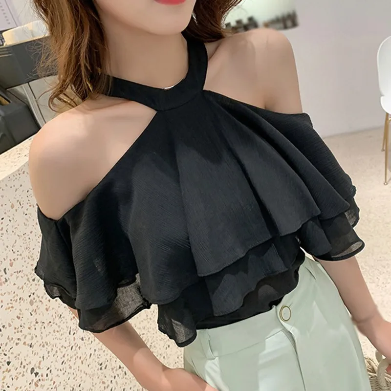 

2020 Summer New Word Shoulder Hanging Neck Exposed Clavicle Chiffon Solid Color Shirt Short Sleeve Ruffled Women's Clothing