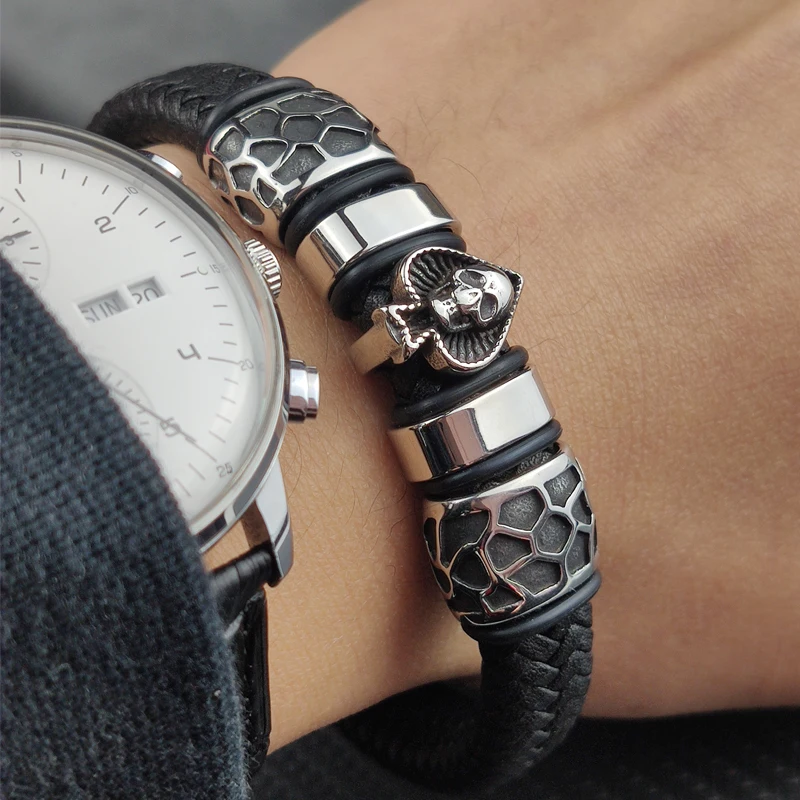 Braided Leather 316l Stainless Steel Charm Male Bracelets Spades Skull Head Bangle Punk Wristband Men's Jewelry bracelet jewelry leather bracelets