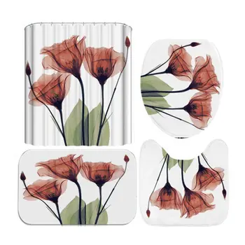 

4PCS/Set Shower Curtain Floor Mat U Shape Mat Toilet Lid Cover Bath Curtain