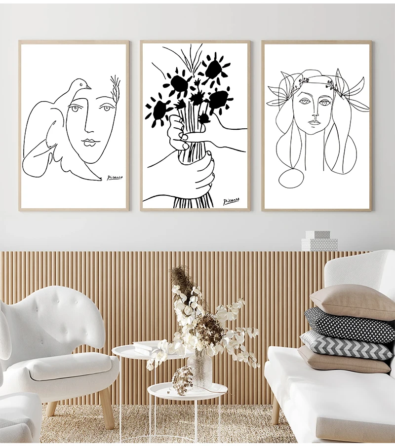 Art Prints Sketches Woman Bouquet of Peace Painting Poster Minimalist Wall Art Home Wall Decor Picasso Line Art Drawing Canvas