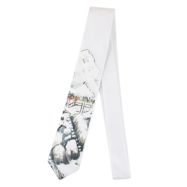 Men's Printed Tie Casual Banquet Suit Shirt Accessories Yarn-dyed Polyester Silk White Fine Novelty Landscape Painting Necktie 211097