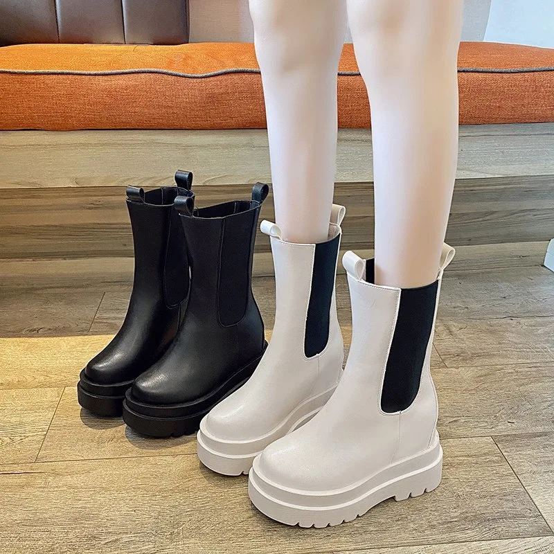 

2021 Autumn And winter New Martin Boots Fashion Mid-Calf Height Lncreasing Slip-On High (5cm-8cm) Street Style Breathable Thin