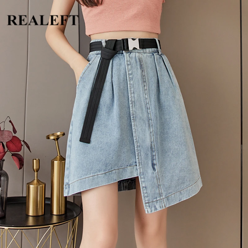 

REALEFT 2021 New Summer Irregular Women's Denim Skirt Sashed High Wasit Casual Blue Jeans Female A-line Short Skirts Pockets