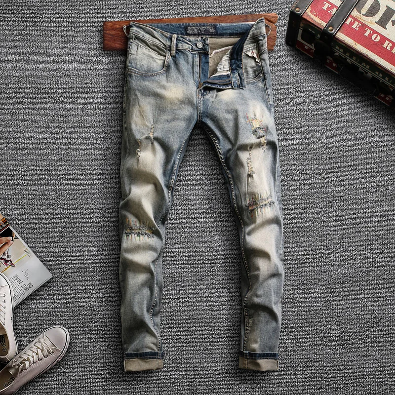 

Italian Style Fashion Men Jeans Retro Blue Elastic Slim Fit Ripped Denim Pencil Pants Vintage Patchwork Designer Long Trousers
