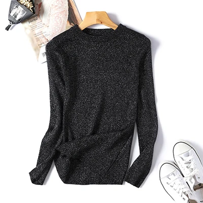 Осенне-зимний Блестящий свитер для женщин, повседневный теплый удобный пуловер с круглым вырезом, вязаный джемпер, модный Рождественский свитер - Цвет: Black