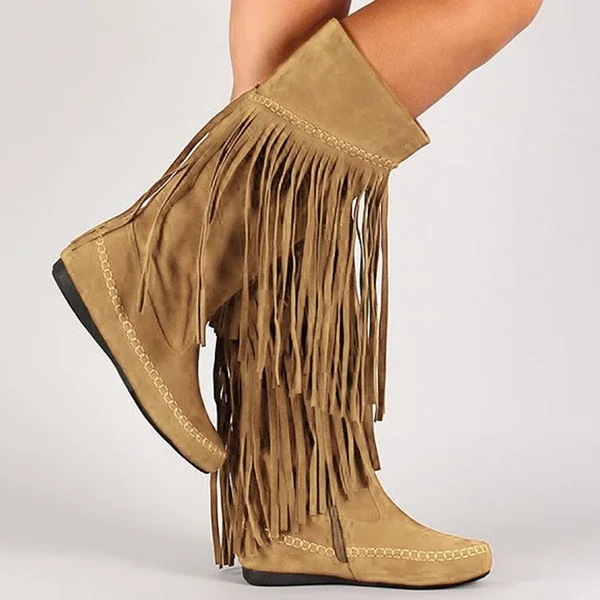 2019 Autumn Bohemian Boho Heel Boot Ethnic Women Tassel Fringe Faux Suede Leather Boots Woman Girl Flat Shoes Booties | Обувь