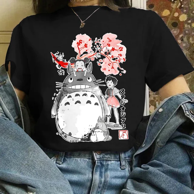 Totoro Studio Ghibli Harajuku Kawaii T Shirt Women Ullzang Miyazaki Hayao Tshirt Funny Cartoon T-shirt Cute Anime Top Tee Female black-867