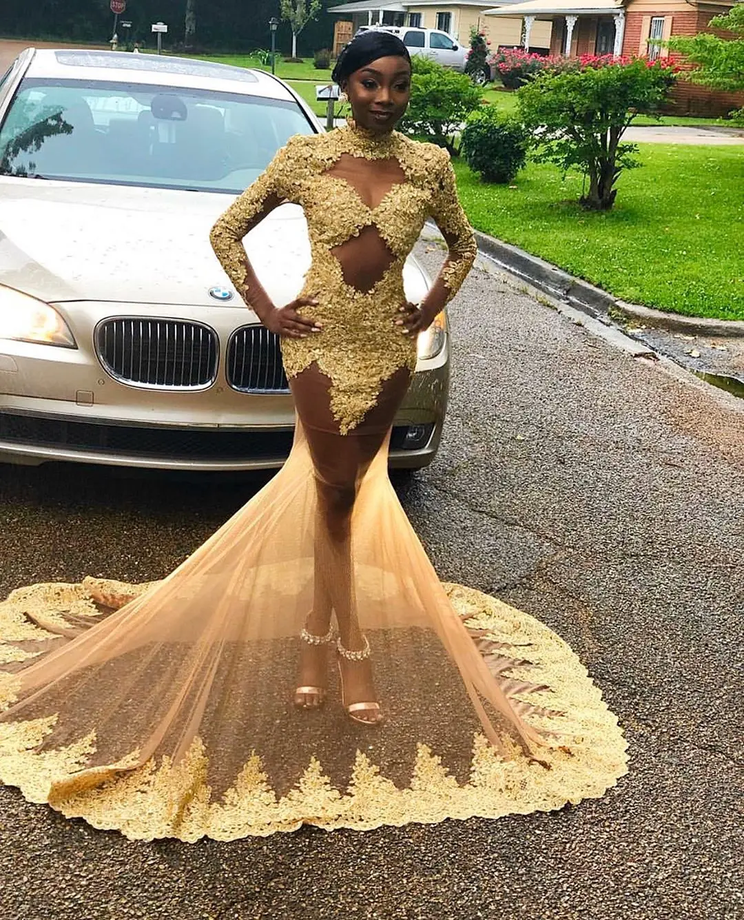 Цвет шампанского, африканская Русалка, с длинным рукавом, платье для выпускного вечера, золотые кружевные аппликации, высокая горловина, шикарное вечернее женское платье размера плюс вечерние платья