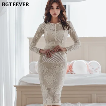 

BGTEEVER Elegant Floral Embroidery Hollow Out Women Dress Bodycon Long Sleeve Female Dress Hip Package Pencil Vestidos Femme