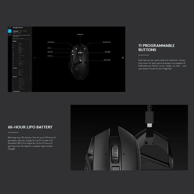 Беспроводная игровая мышь logitech G502 LIGHTSPEED HERO 16 K, программирование макросъемки 16000 dpi, 11 кнопок, RGB