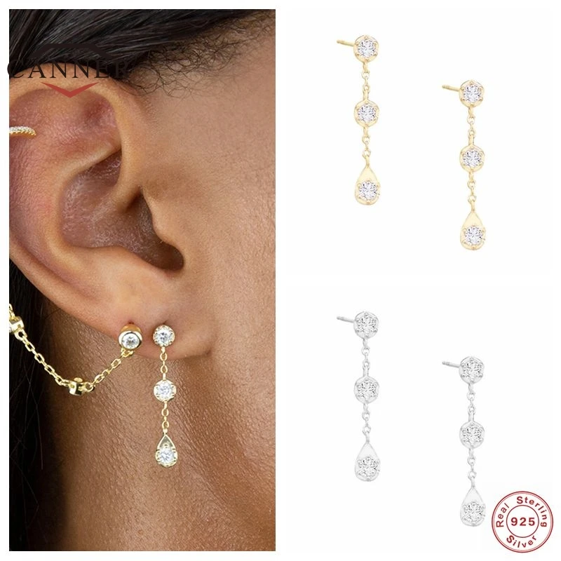 

CANNER 925 Sterling Silver Stud Earrings For Women Minimalist 3 Zircons Piercing Earring Earings Chain Jewelry Gift Pendientes
