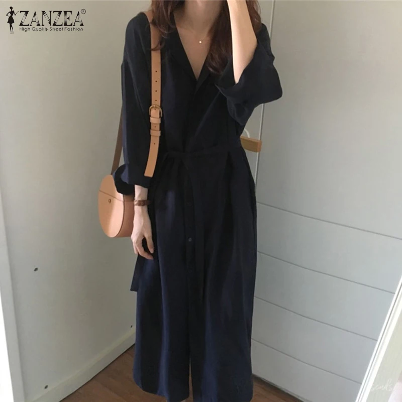M 5XL ZANZEA женский однотонный кардиган Весенняя Блузка Повседневная Длинная рубашка с длинным рукавом Vestidos Женская сорочка Туника Топы Blusas Chemise