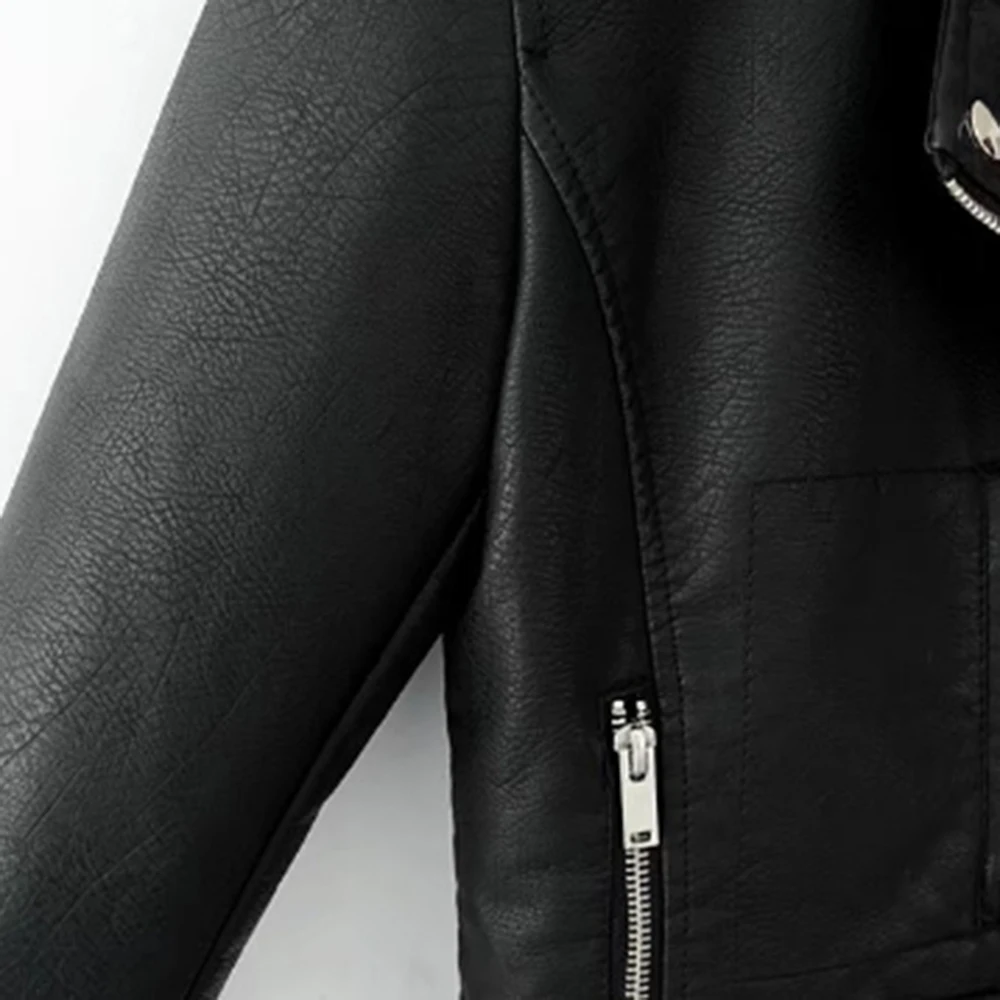MoneRiff Модные женские осенние зимние черные Куртки из искусственной кожи базовое пальто на молнии байкерская куртка с отложным воротником