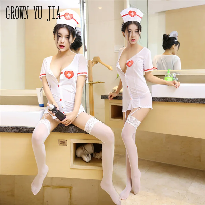 

Erotic Women Intimate White Nurse Uniform Cosplay Sexy Costume Dress Stocking Garter Set Porno Naughty Lingerie Sex Play Uniform