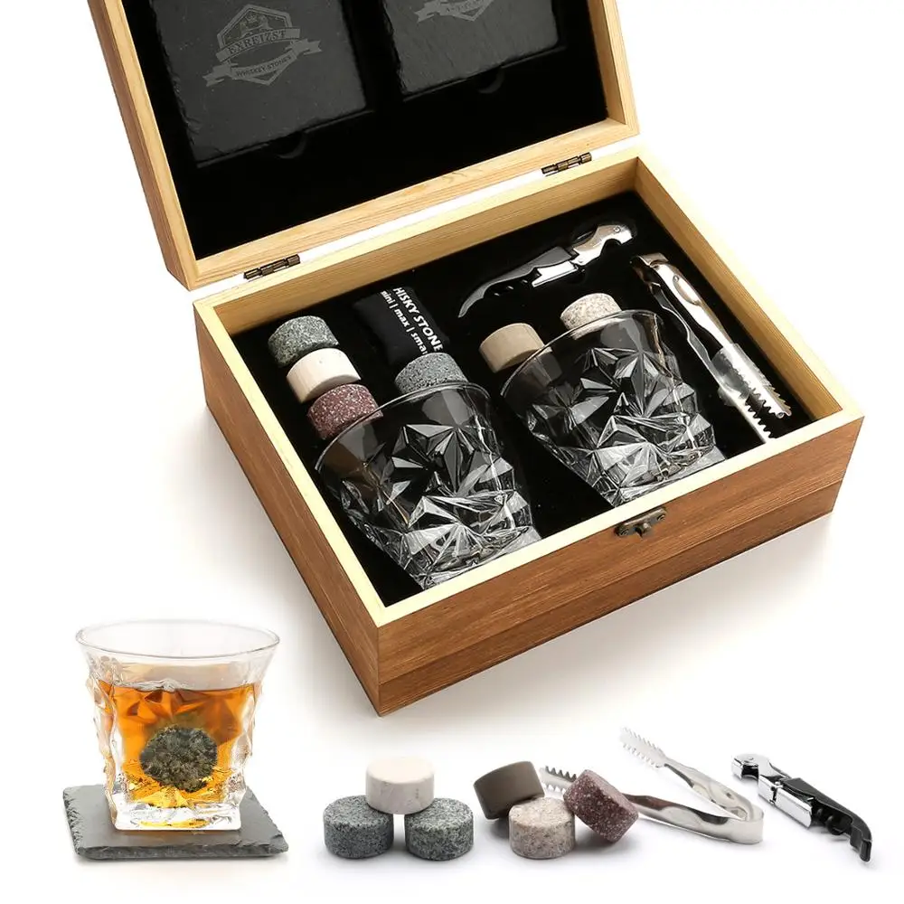 Cool Stones Whiskey Glass Gift Set - 2 Whiskey Glasses and Whiskey Stones  with Tongs in Velvet Bag All Presented in an Elegant Wooden Box for Men