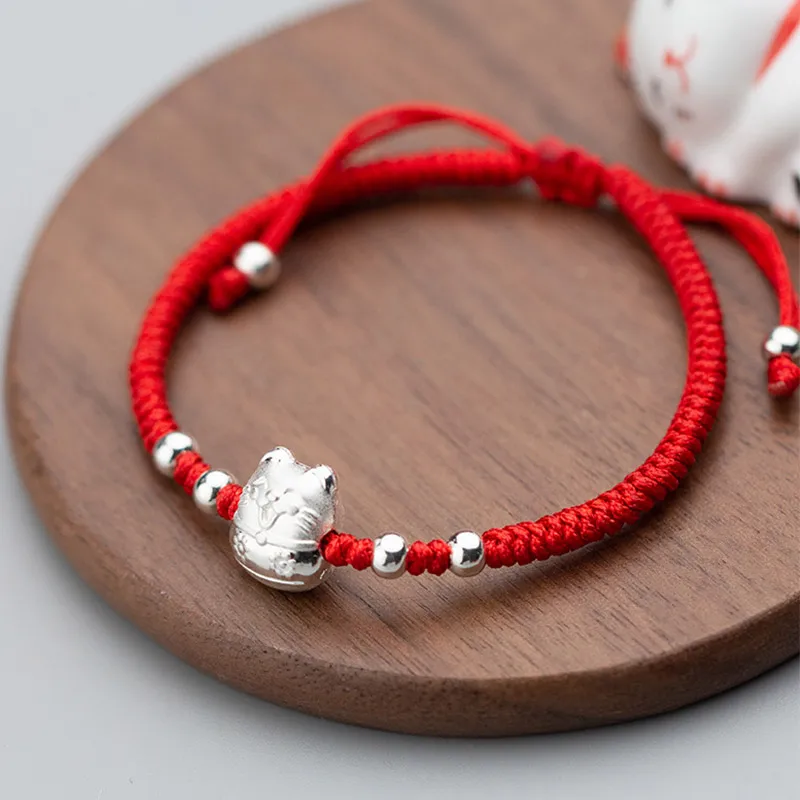 

925 Sterling Silver Cat Bracelet Adjustable Woven Lucky Red String Bracelets For Women Jewelry Charm Animal Handmade Bangles