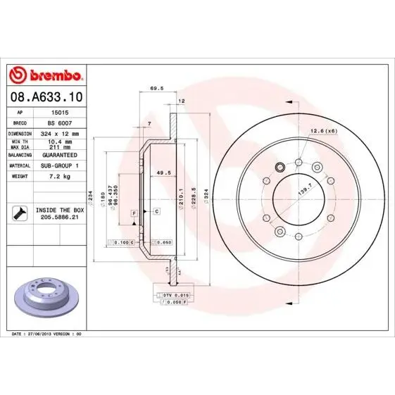Диск тормозной задний KIA Carnival 2.7/2.2CRDi/2.9CRDi 06 BREMBO