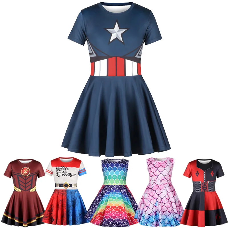 Харли Куинн косплей платье Дети Хэллоуин вечерние костюмы для малышей единорог Радуга принцесса платье Капитан Америка Одежда