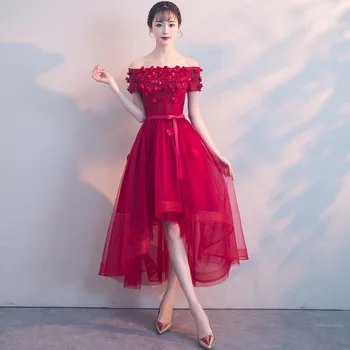 

Dark Red Women Slash Neck Party Dress Fashion Wedding Banquet Bride Short Sleeve Elegant Prom Short Mesh Gown Vestido XS-3XL
