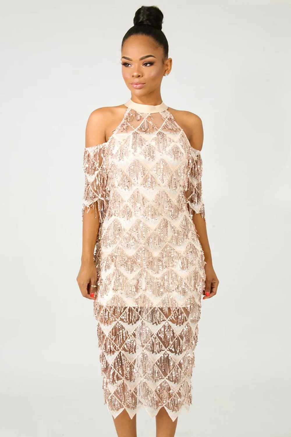 Echoine Fringe Sequin миди платье на молнии сзади женское сексуальное платье со стоячим вырезом и открытыми плечами с коротким рукавом прозрачное блестящее вечернее платье